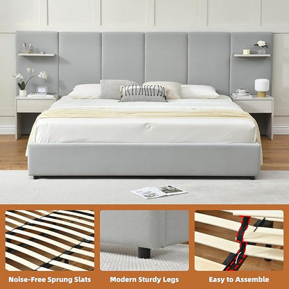 King Bed Frame with Storage & Built-in Nightstands, Velvet Upholstered Platform Bed Frame with Drawers & 2 Floating Storage Shelves, Noise-Free, No Box Spring Needed, Easy Assembly, Gray