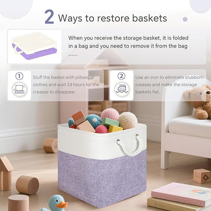 Large 11x11 Inch Cube Storage Bins with Cotton Handles for Closet, Shelves, Clothes, Towel (White/Purple-6 Pack)