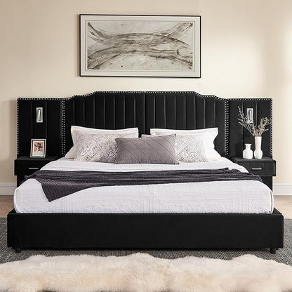 King Size Bed Frame with Storage, Luxury King Platform Bed Frame with Headboard, Velvet Fabric Upholstered Bedframe with LED Lights, Solid Frame & Bedside Table, No Box Spring Needed, Black