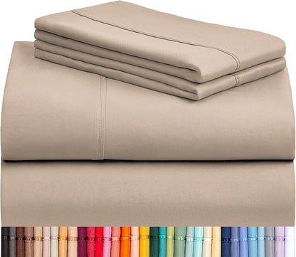 LuxClub 4 PC Queen Sheet Set, Deep Pockets Wrinkle Free Cooling Bed Sheets Hotel Bedding for Women, Men, Includes 1 Fitted Sheet, 1 Flat Sheet and 2 Pillowcases-Soft Light Khaki