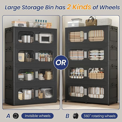 200 Gallon Extra Large Storage Bin with Lid and Wheels, Stackable Collapsible Plastic Storage Box with Door, Foldable Organizer for Closet, Kitchen, Office, Living Room, 4 Pack Black