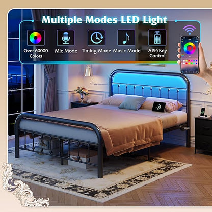 WLIVE Metal Platform Bed Frame, Queen Bed Frame with Headboard, Bed Frames with LED Lights and Charging Station, 1500LBS Mattress Foundation, Under Bed Storage, No Box Spring Needed, Black