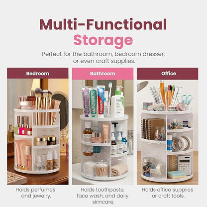 Masirs 360 Rotating Makeup Organizer - Adjustable Shelf Height and Fully Rotatable. The Perfect Cosmetic Organizer for Bedroom Dresser or Vanity Countertop. (White)
