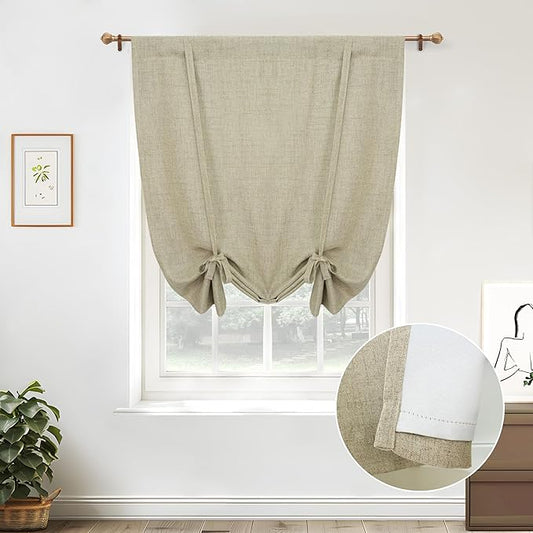 DriftAway Double Layer Linen Blackout Tie Up Curtains Thermal Insulated Fully Lined Balloon Roman Shade Bathroom Window Adjustable Rod Pocket for Small Window 31 Inch by 47 Inch Light Khaki Linen