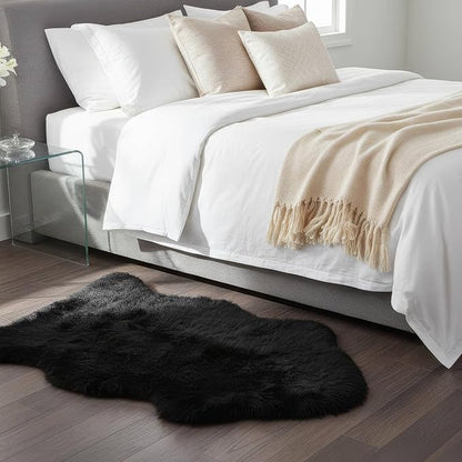 Super Area Rugs Black Sheepskin Rug Genuine Single 2x3ft Pelt Fluffy Fur Seat Cushion and Chair Cover