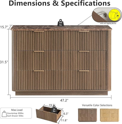 win2win 6 Drawer Dresser, Mid Century Modern Dresser with Storage, 47" Wide Fluted Chest of Drawers with Faux Marble Top, Dressers TV Stand, Drawers Organizer for Bedroom, Living Room, Hallway, Walnut