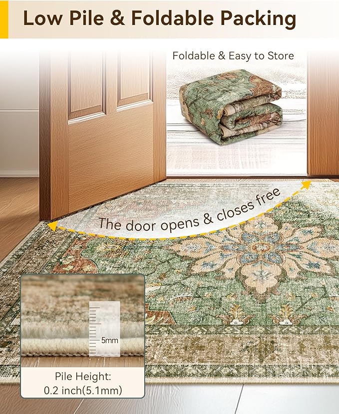 Area Rugs 7'x9' Washable Non-Slip, Floral Vintage Distress Print Pattern Medallion Carpet for Living Room Bedroom Dining Room, Brick Red Rust Neutral Brown Burnt Orange Green