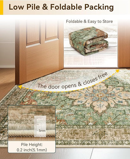 Area Rugs 2'x9' Washable Non-Slip, Floral Vintage Distress Print Pattern Medallion Carpet for Living Room Bedroom Dining Room, Brick Red Rust Neutral Brown Burnt Orange Green
