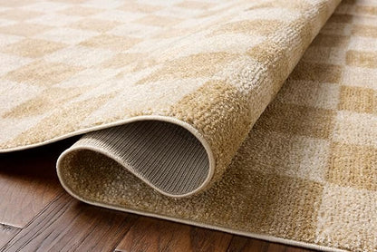 Loloi Chris Loves Julia Calvin Collection CLV-01 Wheat/Ivory 7'-10" x 7'-10" Round Area Rug Checkered Neutral Soft Living Room Bedroom Carpet