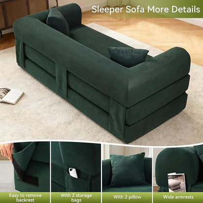 Convertible Sleeper Sofa Bed,80" Folding Sofa Bed Queen with Storage,Corduroy Pull Out Couch with Bed,Boneless Couches for Living Room,Compressed Couch in a Box,Deep Green