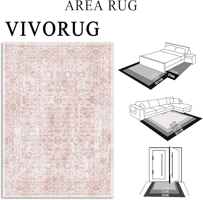 6x9 Area Rug, Ultra-Soft Washable Rug for Living Room, Dinner Room, Bedroom, Non-Slip Vintage Floral Rug, Indoor Carpet Large Area Rug, Pink