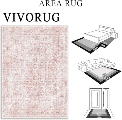 8x10 Area Rugs for Living Room, Non-Slip Backing Washable Rug 8x10, Pink Large Area Rug Soft Carpet for Bedroom Dining Room, Vintage Floral, Easy Clean, Durable, Low Pile Rug Under Table