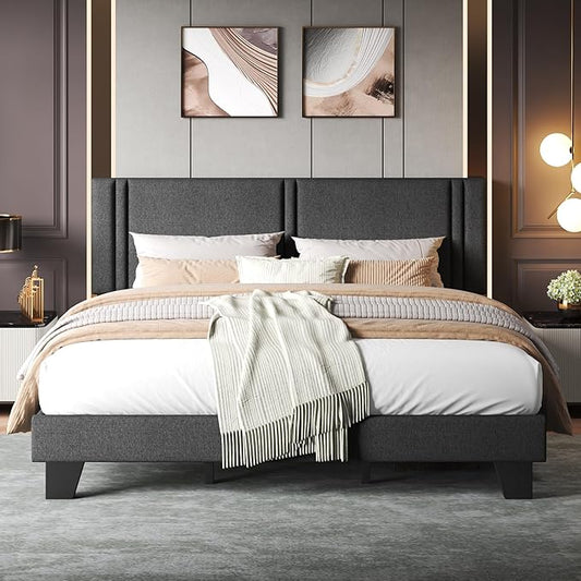 Upholstered King Size Bed Frame with Linen Fabric Headboard, Strong Wooden Slats Support, Noise Free, No Box Spring Needed, Dark Grey