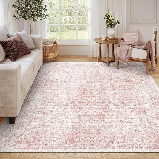 8x10 Area Rugs for Living Room, Non-Slip Backing Washable Rug 8x10, Pink Large Area Rug Soft Carpet for Bedroom Dining Room, Vintage Floral, Easy Clean, Durable, Low Pile Rug Under Table