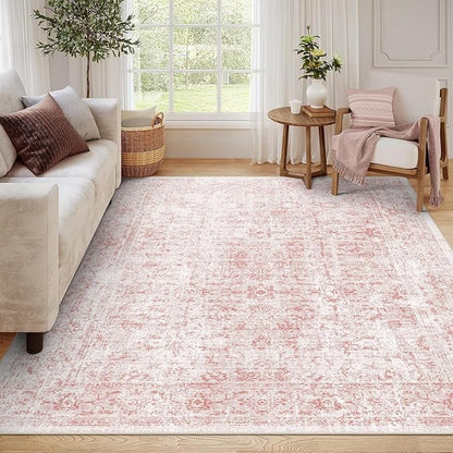 vivorug 5x7 Area Rugs - Ultra-Thin Washable Rug with Non-Slip Backing, Ideal for Living Room, Bedroom, Dining Room Indoor - Vintage, Easy Clean, Durable, Low Pile Rug Pink