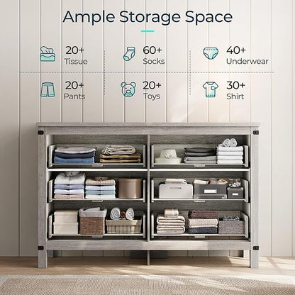 LINSY HOME Farmhouse 6 Drawer Double Dresser for Bedroom, 53” Wide Rustic Wood Chest with Deep Drawers, Modern Dressers with Storage and Metal Handles for Closet, Living Room, Hallway, Wash Grey