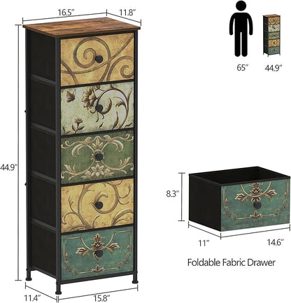 Tohomeor Small Dresser for Bedroom with Retro Flower Narrow Drawers Slim Chest of Drawers Skinny Nightstand Sofa End Table for Living Room Entryway Closet Storage (Multi, 5 Drawers)