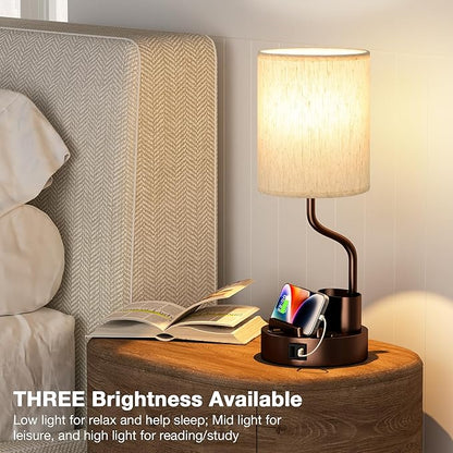 Bedside Table Lamps for Bedroom Set of 2 - Nightstand Lamp with AC Outlet Charging Port and USB A C, 3 Color Temperatures, Included Phone Holder & Pen Holder, Brown Night Stand Lamps for Guest Room