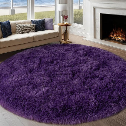 Round Purple Rug for Bedroom, 8 ft Circle Area Rugs for Living Room, Soft Large Fluffy Shag Carpet for Teen Girls Boys Nursery Room Dorm Home Decor Aesthetic