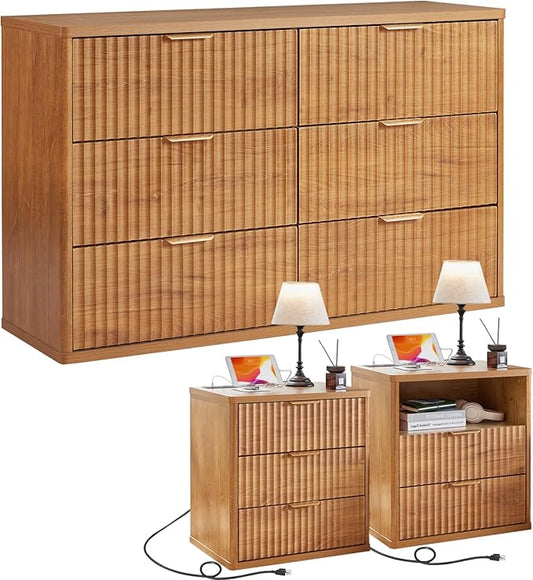 LEYAOYAO 48" Wide Fluted Dresser and 23" Nightstand Set of 2, Wooden Dresser & Night Stand with Charging Station, 3 Piece Bedroom Furniture Set, Chest of Drawer for Living Room,Brown
