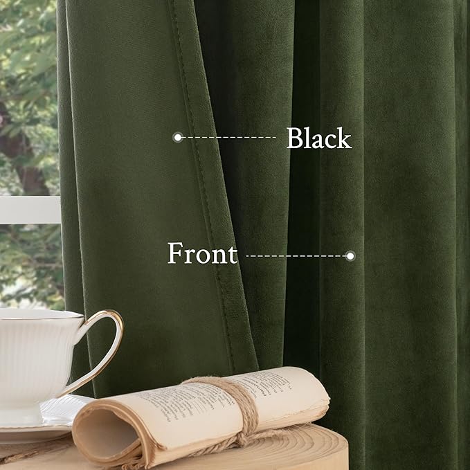 LAMIT Olive Green Velvet Curtains 120 Inch for Living Room, Thermal Insulated Blackout Curtains Luxury Room Darkening Back Tab and Rod Pocket Window Drapes for Bedroom, 2 Panels, 52 x 120 Inch