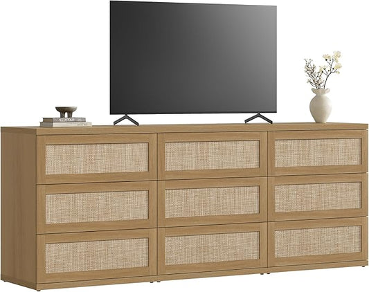 SICOTAS Dresser for Bedroom - 75" Wide 9 Drawer Dresser Rattan Dressers & Chests of Drawers Boho Drawers for Bedroom Bedside Table Clothes Long Closet Storage for Closet Hallway Entryway