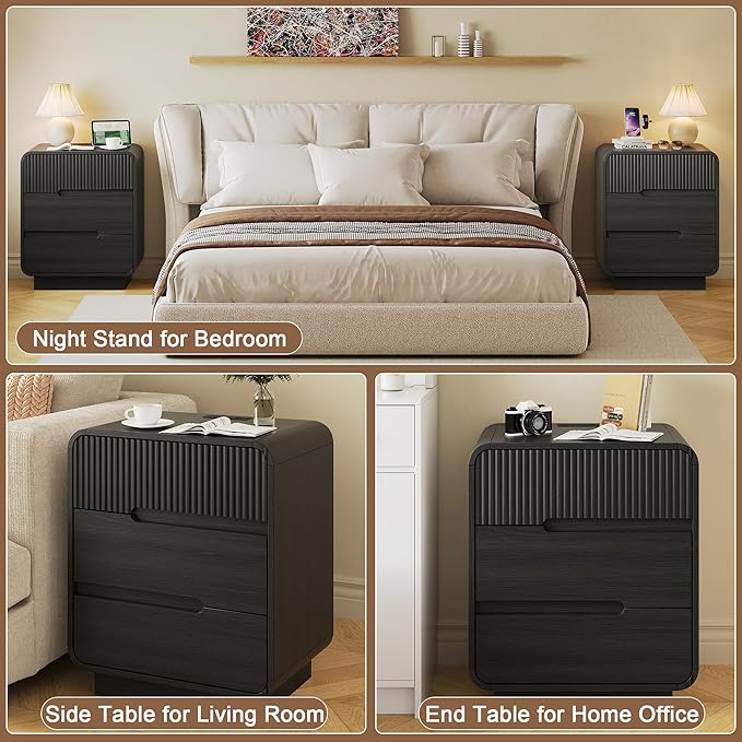 7 Drawer Dresser and 2 Nightstand Sets for Bedroom 3 Pcs Bedroom Set, Modern 47.2" Fluted Dresser with Invisible Handles Nightstand Charging Station, Bedroom Furniture Set for Living Room, Black