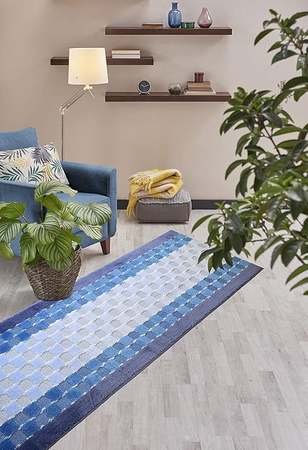Custom Length Hallway Runner Rug,Slip Resistant,Checkered Blue, 26 Inch X 12 feet, Sold and Priced Per Foot