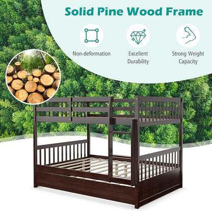 Giantex Full Over Full Bunk Bed with Trundle, Solid Wood Trundle Bed Frame w/Guardrails and Ladder, Convertible to 2 Beds, Full Size Bunk Beds for Adults Kids Teens, No Box Spring Needed,Espresso