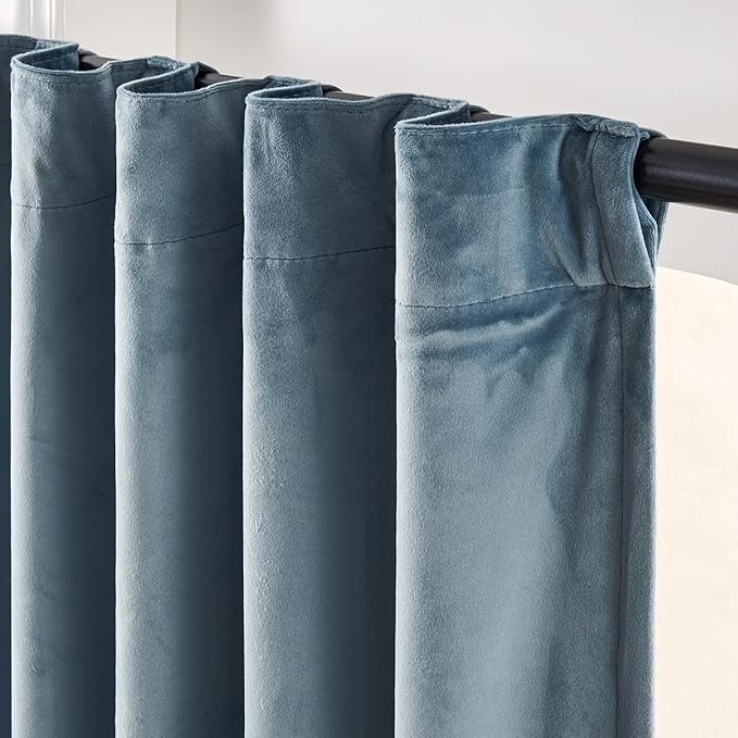 Lazzzy Blackout Velvet Blue Curtains 96 Inches Long Thermal Insulated Room Darkening Lined Curtain Drapes Luxury Back Tab Window Treatments for Bedroom Living Room 2 Panels, 52 x 96 Inch, Aegean Blue