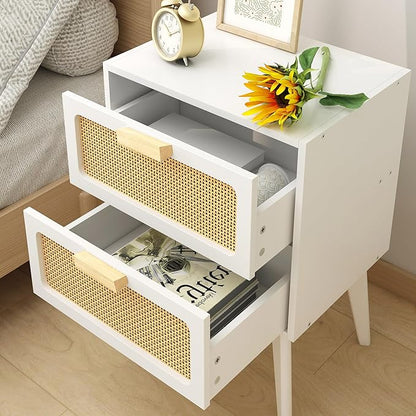 YAUKOMEL Rattan Nightstand, Wood End Table, Side Table with 2 Hand Made Rattan Decorated Drawers,Boho Bedside Table,Wood Accent Table with Storage for Livingroom, Bedroom, White CTG59W