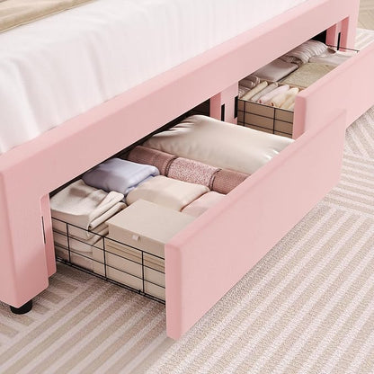 HITHOS Full Upholstered LED Bed Frame with 2 Storage Drawers, Velvet Platform Bed with Wingback Headboard, Solid Wooden Slats Support, No Box Spring Needed, Headboard Splicing Design, Pink