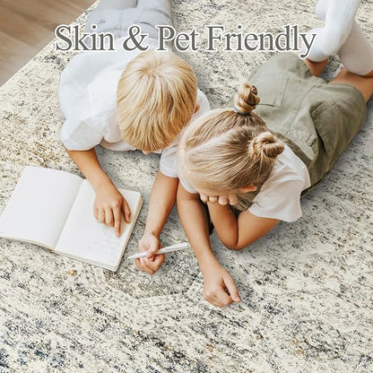 10x14 Area Rugs for Living Room, Non Slip Machine Washable Vintage Rugs, Low Pile Lightweight Large Rug for Bedroom, Dining Room, Home Office Blue Ivory