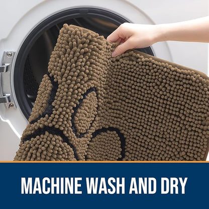 OLANLY Dog Door Mat for Muddy Paws 48x30, Paw Print Design, Absorbs Moisture and Dirt, Absorbent Non-Slip Washable Doormat, Quick Dry Chenille Mud Mat for Dogs, Entry Indoor Entryway Carpet, Tan
