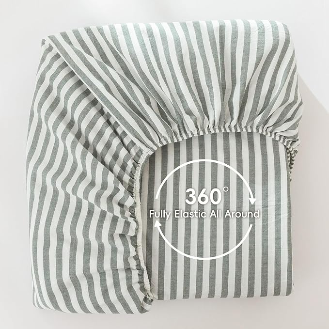 MooMee Striped Fitted Bottom Sheet Only 100% Washed Cotton Linen Like Textured Breathable Durable Soft Comfy Deep Pocket Fits Mattress up to 17" (Heathered Green Classic Stripes, King)