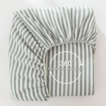 MooMee Striped Fitted Bottom Sheet Only 100% Washed Cotton Linen Like Textured Breathable Durable Soft Comfy Deep Pocket Fits Mattress up to 17" (Heathered Green Classic Stripes, King)
