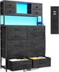 EnHomee Black Dresser with 14 Fabric Drawers, Dresser for Bedroom with Charging Station and LED Lights,Dressers & Chests of Drawers for Bedroom, Steel Frame & Wooden Top, Entryway