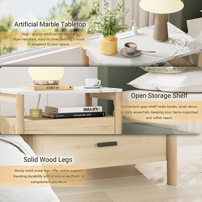 FavourLife Night Stand Set 2, 23" Nightstands Set of 2, Modern Nightstand with Charging Station & Faux Marble Top, 2 Drawer End Table with Solid Round Post Legs, Bedside Table for Bedroom, Natural Oak