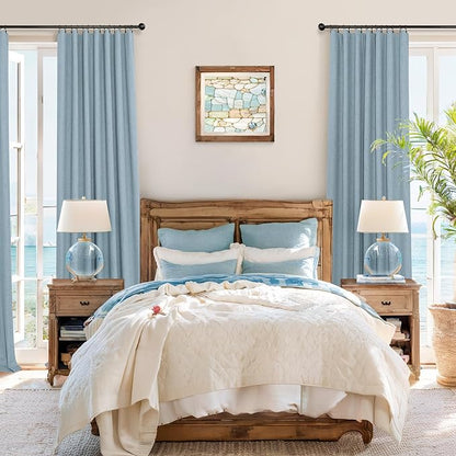 Light Blue Blackout Curtains 96 Inches Long for Living Room Country Rustic Faux Linen Black Out Thermal Insulated Darkening Curtain for Bedroom Patio Door 96 in Length 2 Panel Set Dusty Blue Grey Gray