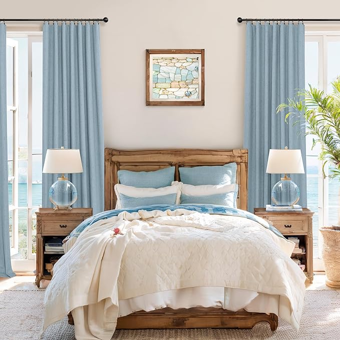 Slate Blue Curtains 108 Inches Long 2 Panel Burg 100% Blackout Boho Linen Textured Darkening Thermal Insulating Ceiling to Floor Length Drapes Dusty Blue Grey Curtain for Bedroom Living Room Divider