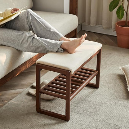 Wood Shoe Bench,2-Tier Storage Bench with Cushion Padded Seat,Entryway Bench with Shoe Storage, Small Bench for Entryway,Living Room