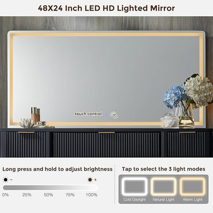 T4TREAM 48" Fluted Makeup Vanity Desk with 48" Large Mirror and HD LED Lights, Modern Vanity Table with Charging Station, Glass Top and Golden Handles Dressing Table for Bedroom,Dark Grey