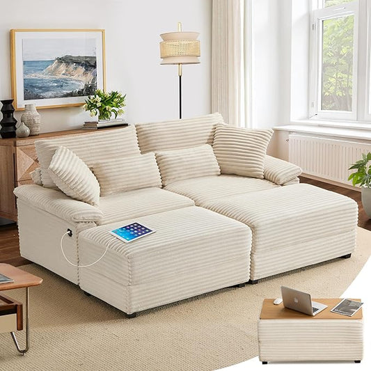 74" Double Chaise Lounge Chair Indoor, Oversized Loveseat with Removeable Ottoman, Corduroy Couch with USB Charging, Storage Ottoman, and Coffee Table Cushions for Living Room (2 Chaise Beige)