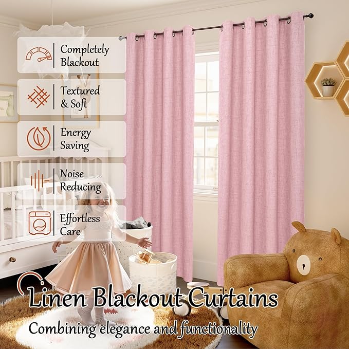 Baby Pink Linen Blackout Curtains for Girls Bedroom 84 Inch Length 2 Panels, Thermal Insulated Full Room Darkening Noise Reducing Privacy Grommet Window Curtains for Nursery, Each 52 Inch Wide
