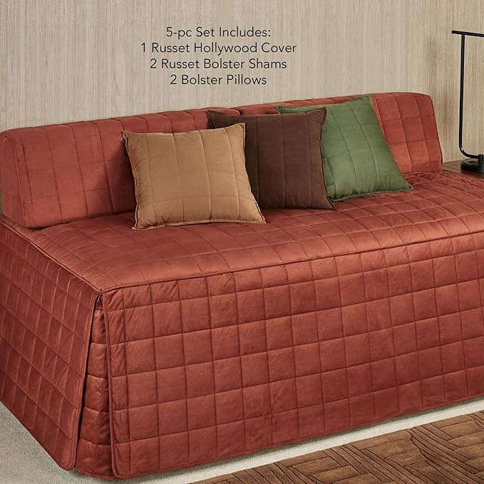 Camden Luxury Bedding | Warm Russet Color | Fitted Hollywood Daybed Bedding | Faux Suede Box Quilted Design | 5 Piece Set Includes Hollywood Cover, 2 Bolster Shams, and 2 Bolster Pillows