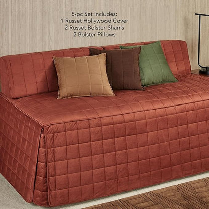 Camden Luxury Bedding | Warm Russet Color | Fitted Hollywood Daybed Bedding | Faux Suede Box Quilted Design | 5 Piece Set Includes Hollywood Cover, 2 Bolster Shams, and 2 Bolster Pillows