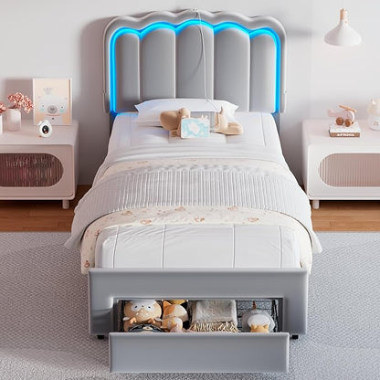 Velvet Upholstered Twin LED Bed Frame with Storage Drawer and Adjustable Double Wavy Headboard, Princess Platform Bed for Kids/Girls/Boys, Solid Wood Slats Support,No Box Spring Needed,Grey