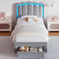 Velvet Upholstered Twin LED Bed Frame with Storage Drawer and Adjustable Double Wavy Headboard, Princess Platform Bed for Kids/Girls/Boys, Solid Wood Slats Support,No Box Spring Needed,Grey