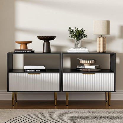 Nightstand Set of 2, Modern Nightstand with Drawer, End Table with Storage, Bed Side Table with Open Space, Night Stande for Bedroom, Side Table for Bedroom, Living Room, Black & White