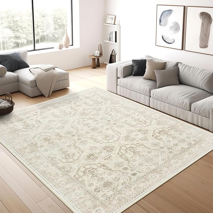 Area Rug 6x9, Washable Rugs, Stain Resistant Gray Area Rugs for Living Room Bedroom Dining Room, Vintage Farmhouse Rug Beige